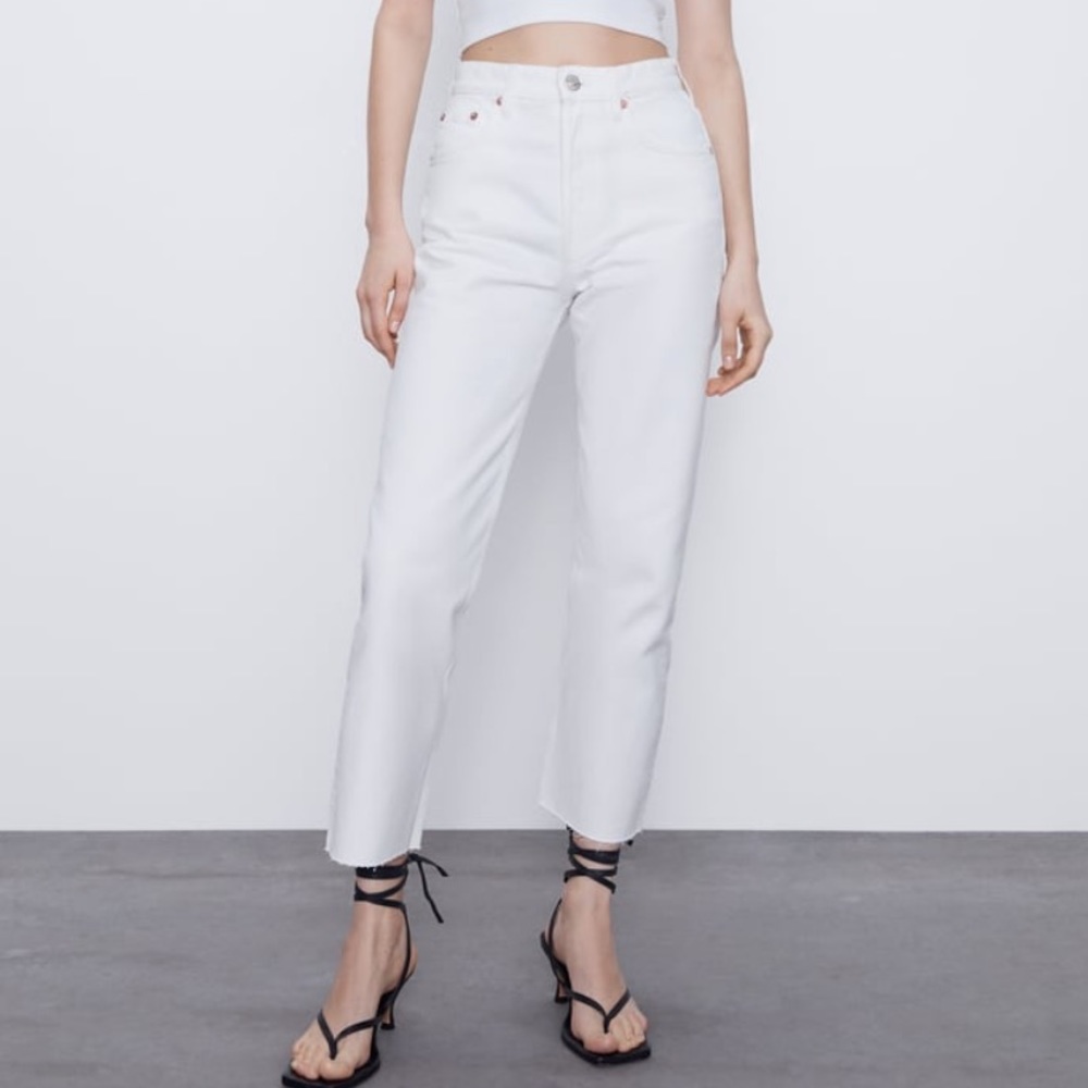 ZARA high rise straight leg unfinished hem jeans